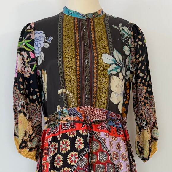 Johnny Was Silk Tibby Jaime 3/4 Sleeve Tiered Maxi Dress Multicolor Patchwork XS - Picture 5 of 15